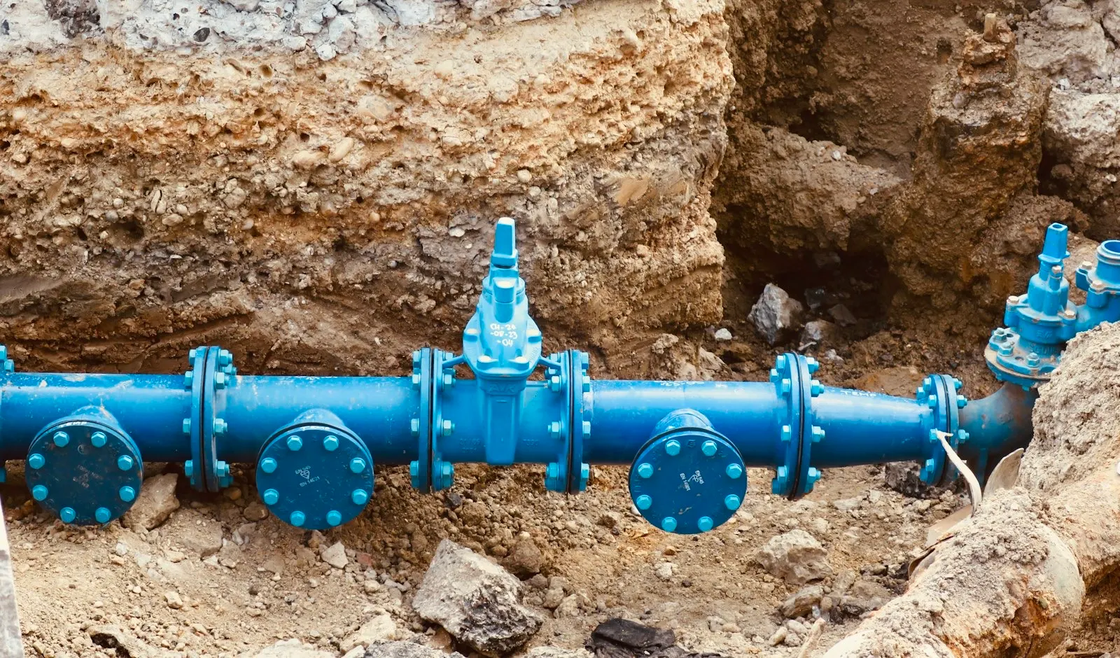 Blue pipe exposed during drainage excavation