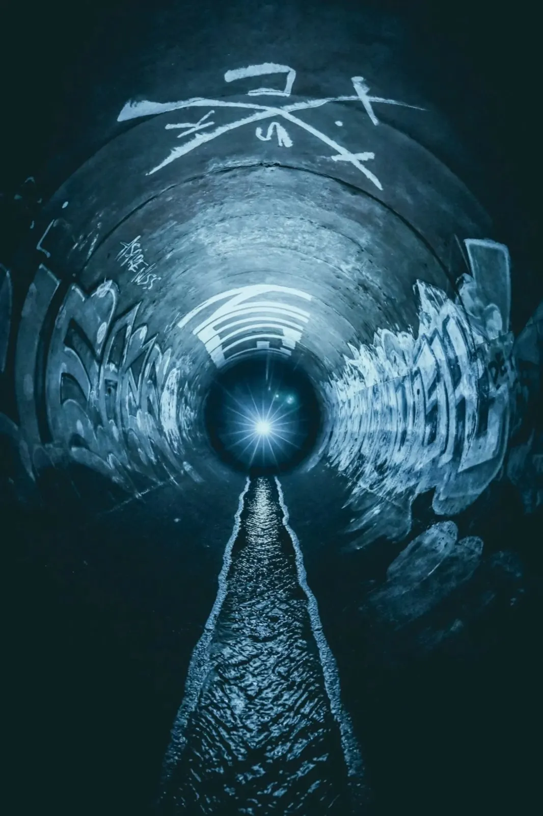 View along the inside of a sewer tunnel